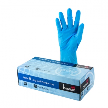 Bastion Nitrile Long Cuff P/F Blue Gloves Small