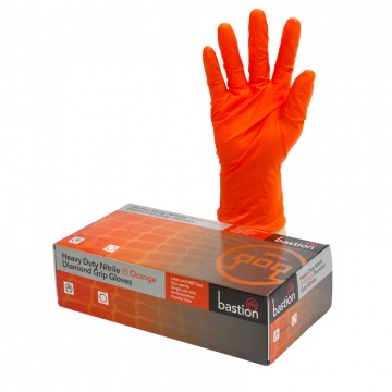 Bastion Nitrile Heavy Duty Diamond Grip P/F Orange Medium Gloves