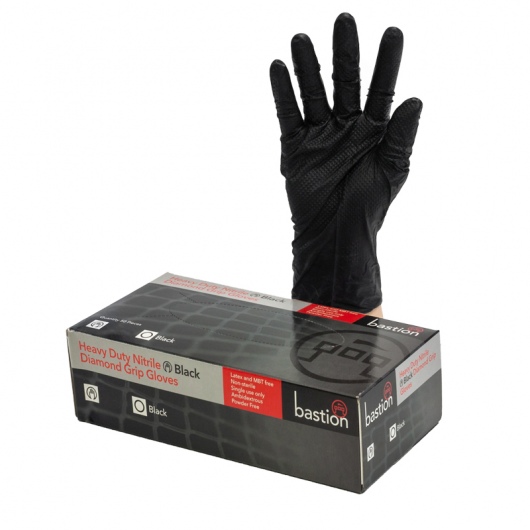 Bastion Nitrile Heavy Duty Diamond Grip P/F Black Gloves Large