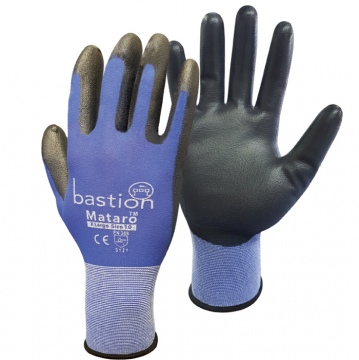 Bastion Mataro™ Blue Nylon Gloves Black Polyurethane Coating