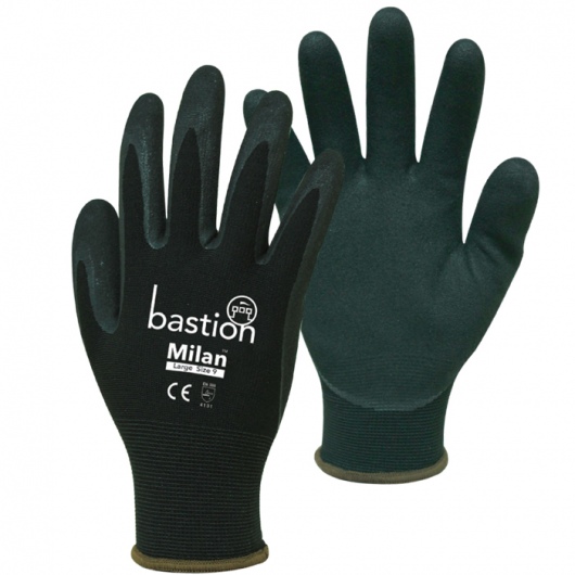 Bastion Milan™ Black Nylon Gloves Black Sandy Foam Nitrile Coating